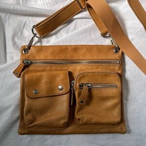 Fossil Utility Tan Leather Crossbody Bag- Square with Chrome Details, Like New